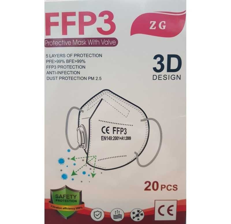 Maska ochronna FFP3 z zaworkiem, antywirusowa filtr 99% - paczka 20szt