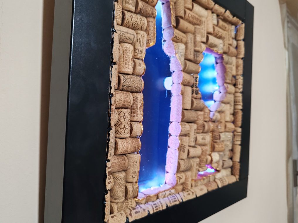 Quadro retro iluminado rolhas cortiça