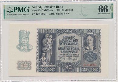 20 złotych 1940 ser. G PMG66EPQ!