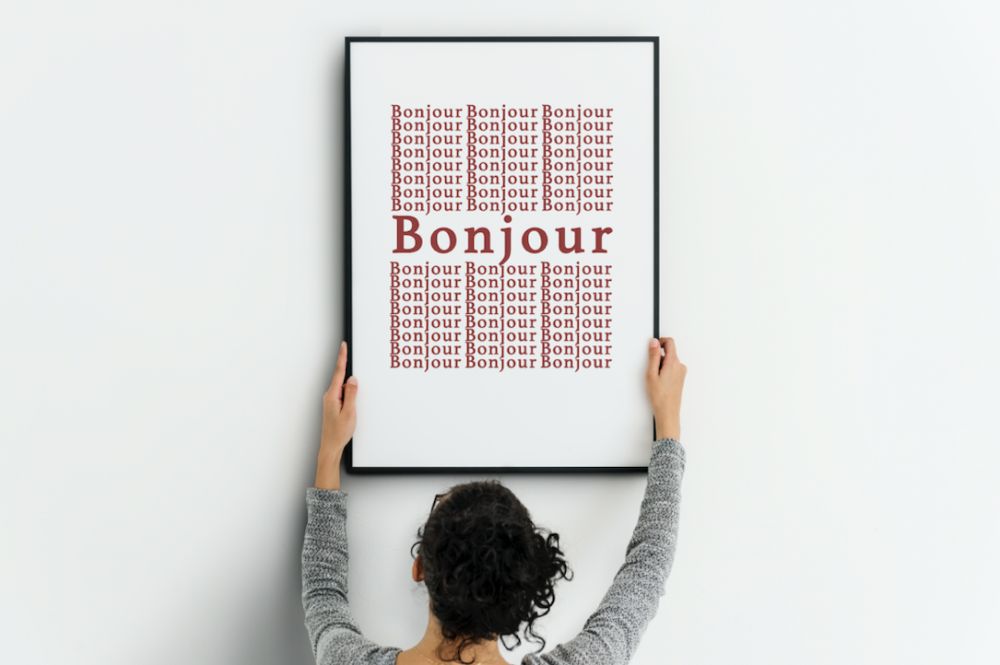 Plakat, grafika ścienna napis madame "Bonjour" skandynawski styl