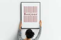 Plakat, grafika ścienna napis madame "Bonjour" skandynawski styl