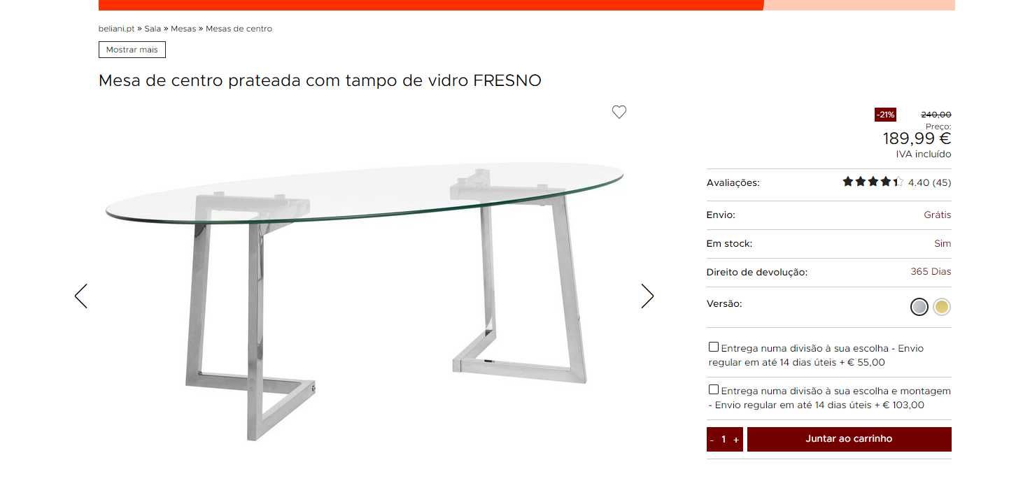 Mesa de centro prateada com tampo de vidro FRESNO