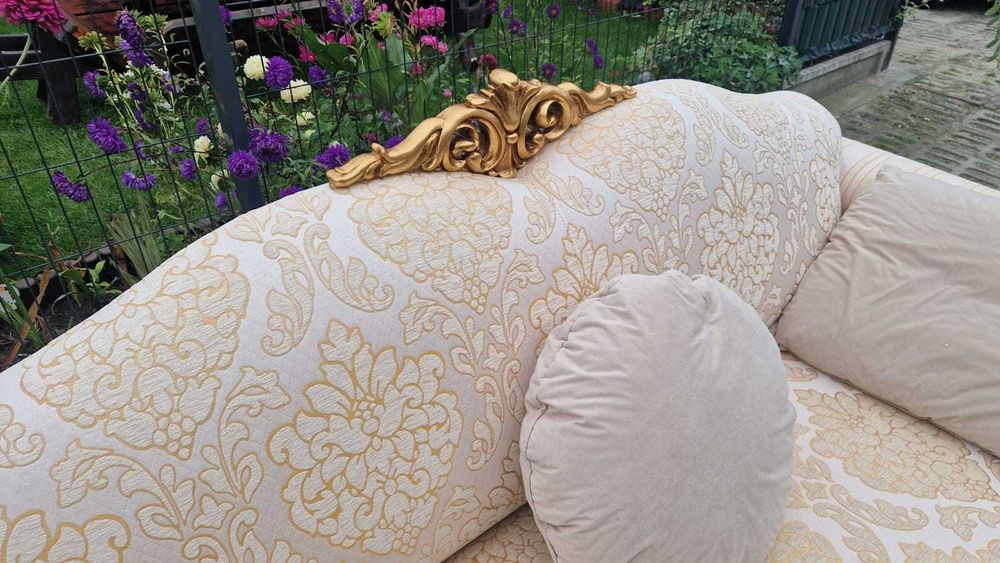 Sofa włoska 3+2 Chesterfield Antyczna Funkcja spania złota zestaw