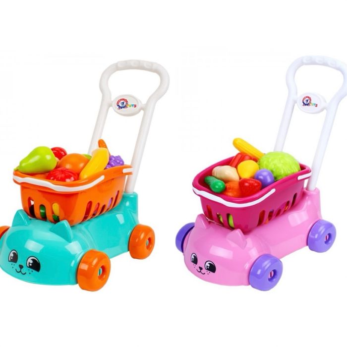 Візок доя супермаркету з корзинкою + 16 овочів та фруктів