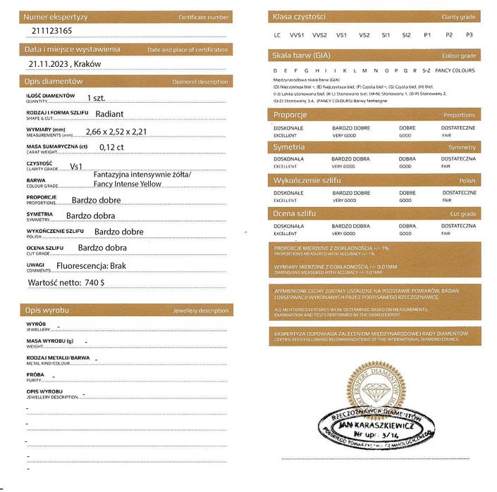 Diament 0.12 ct Vs1 / wycena 3600 PLN