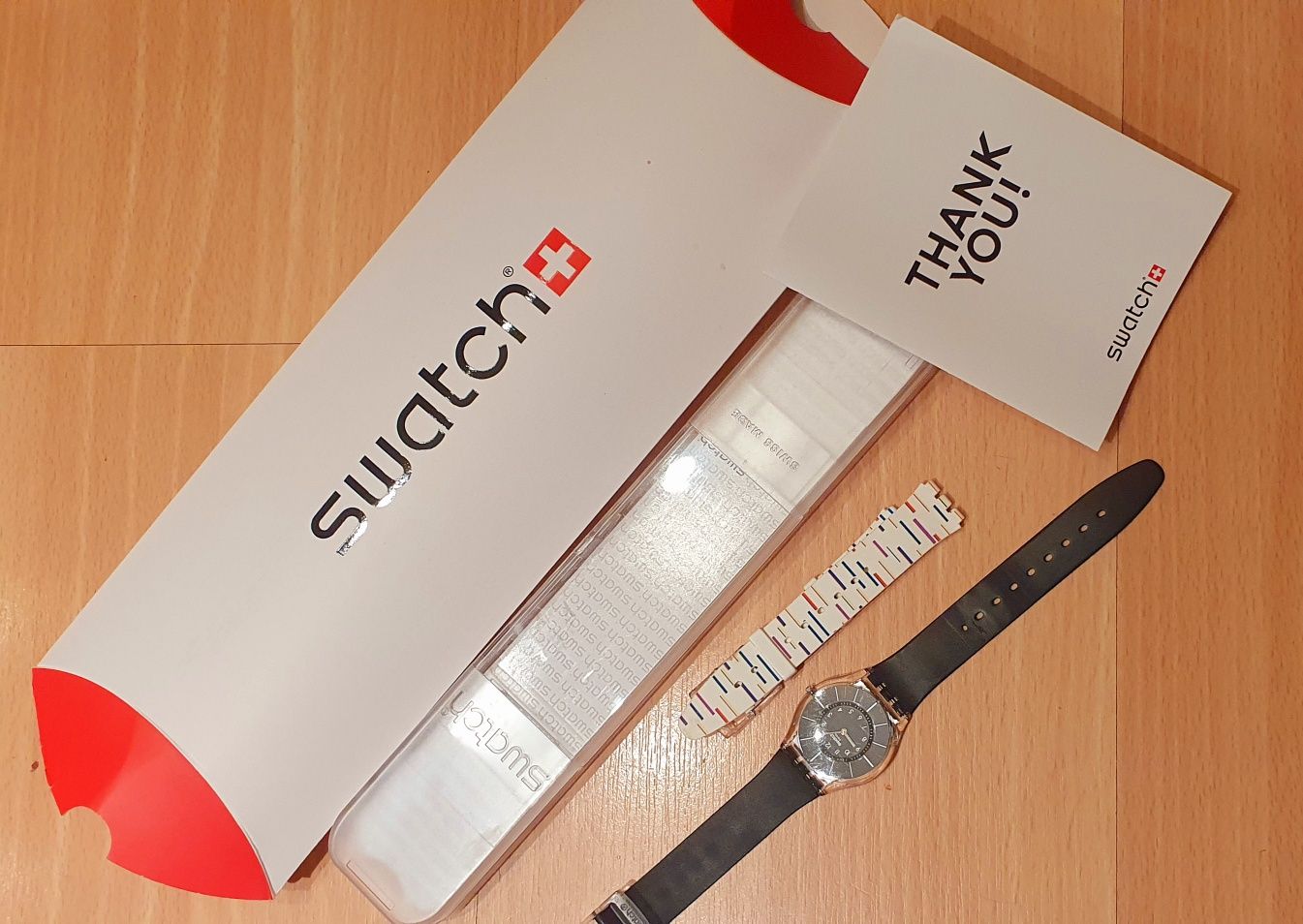 Swatch zegarek czarny cienki+ biały pasek gratis