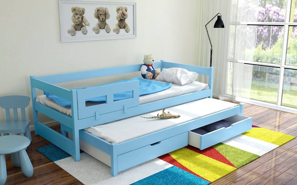 Łóżko drewniane dwuosobowe parterowe dla dzieci Alan, materace gratis!