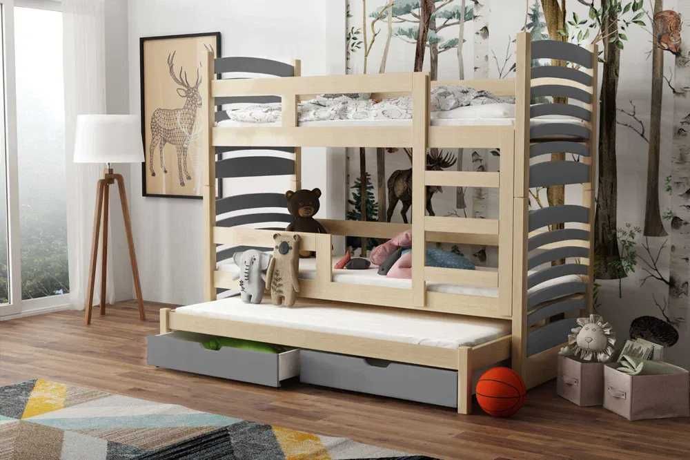 Trzyosobowe łóżko piętrowe z drewna sosnowego OLAF