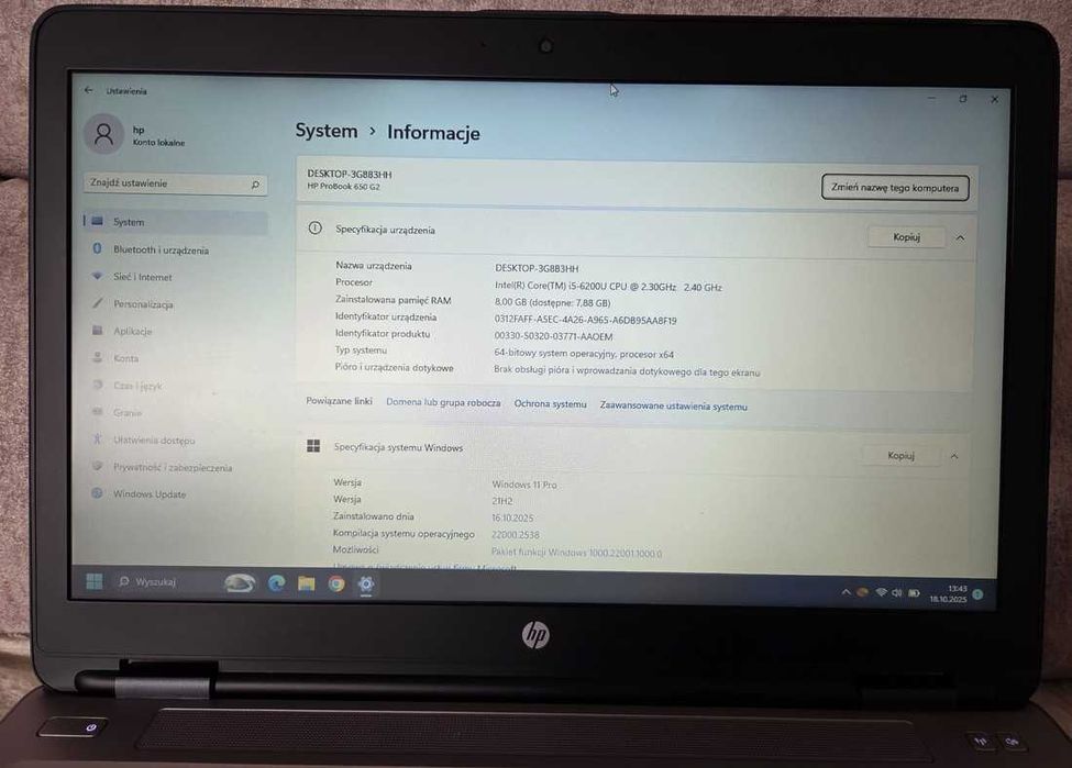 HP ProBook 650 G2,i5-6200U,15,6",8GB DDR4,SSD 128,DVD-RW,WIN11