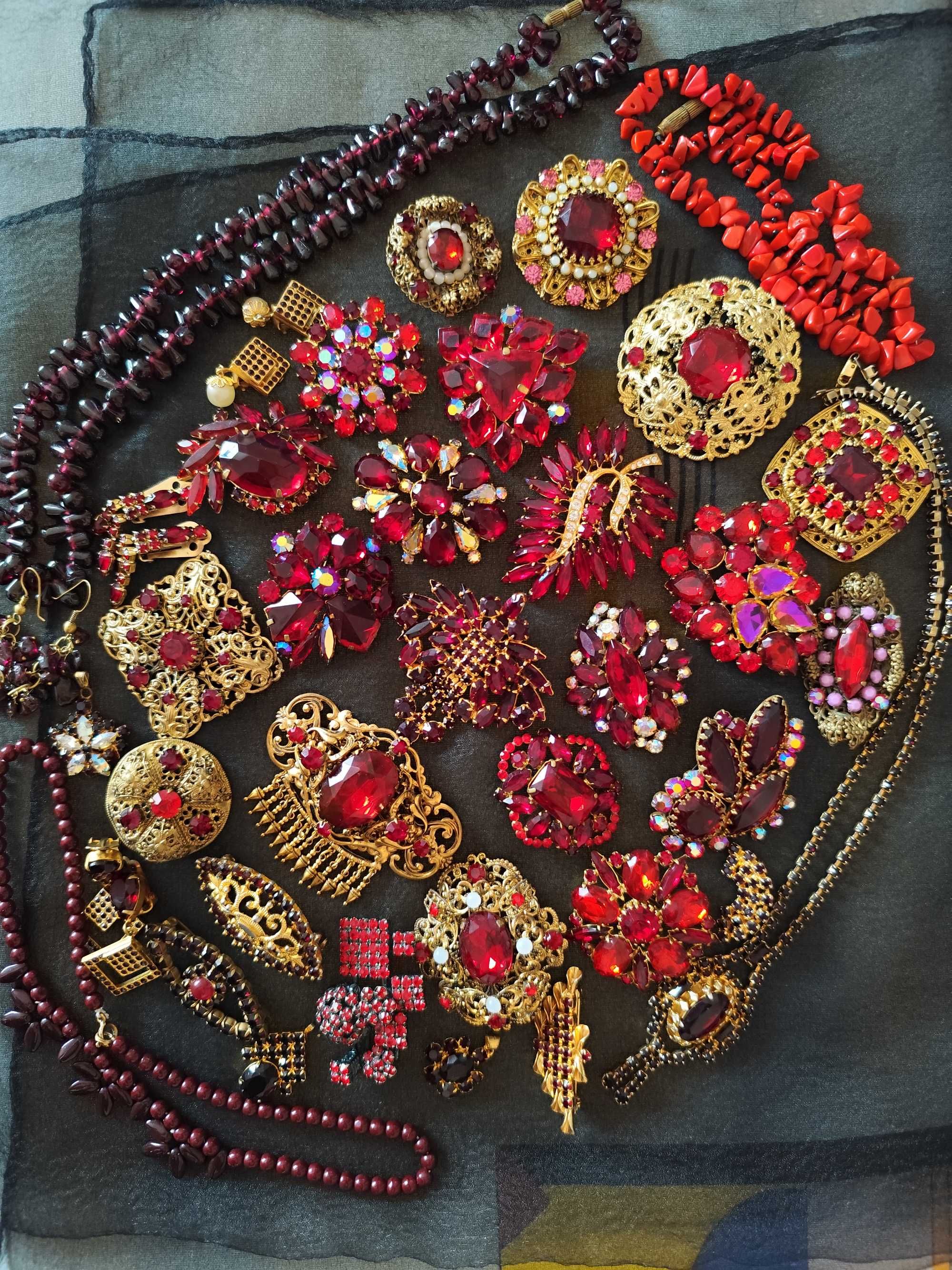 Брошь винтаж брошка колье серьги гранат ЧССР клипсы кулон бусы коралл