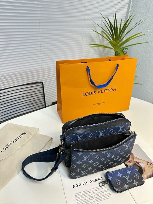Louis Vuitton trio messenger сумка 3v1, 3в1 мужская синяя кожаная