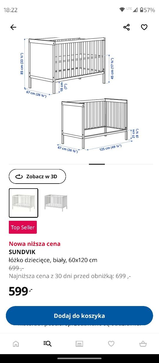 Łóżeczko dziecięce białe 60x120 IKEA Sundvik, jak nowe