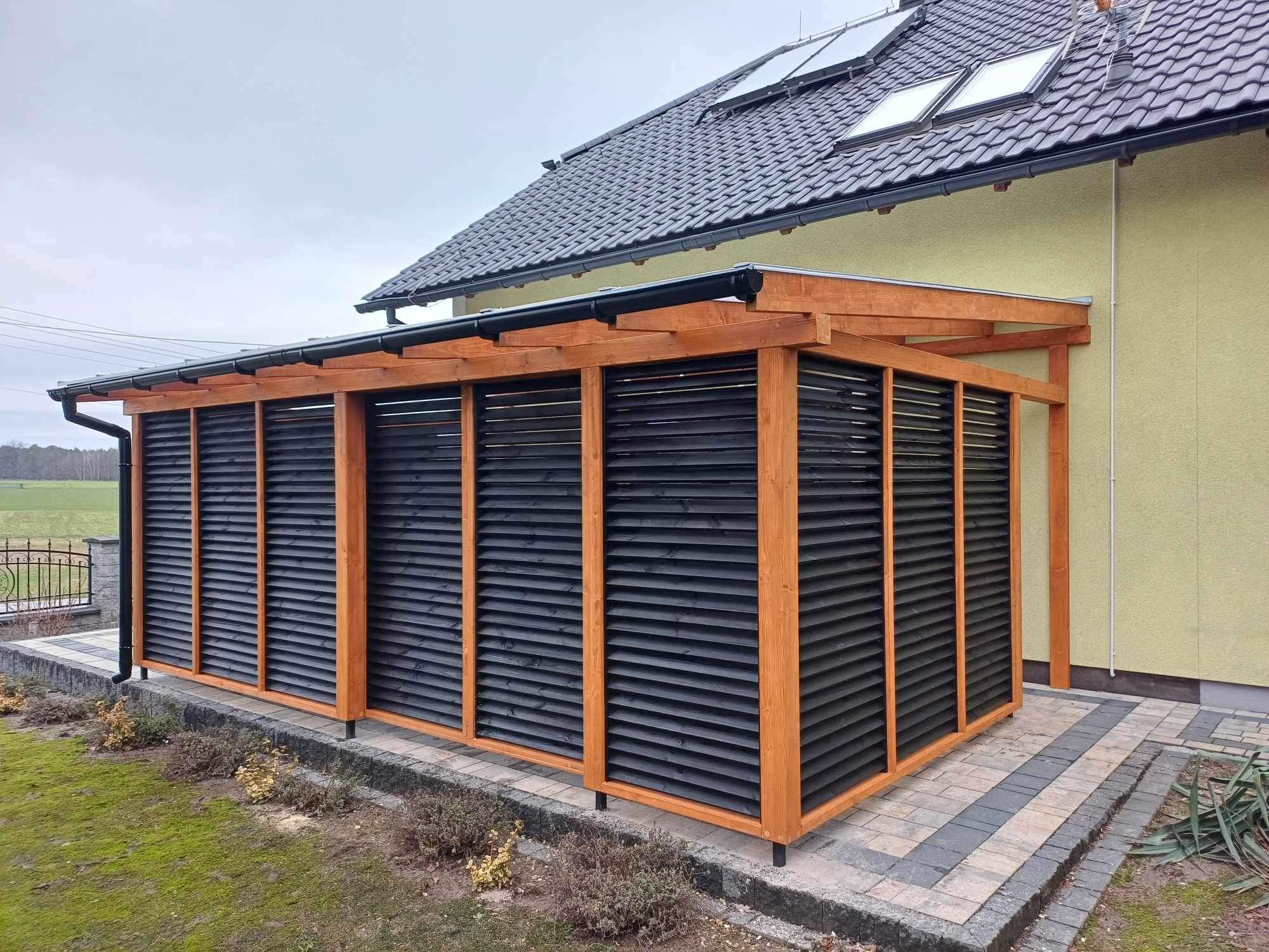 Zadaszenie tarasu poliweglnem komorwym shuttersy patio pergola