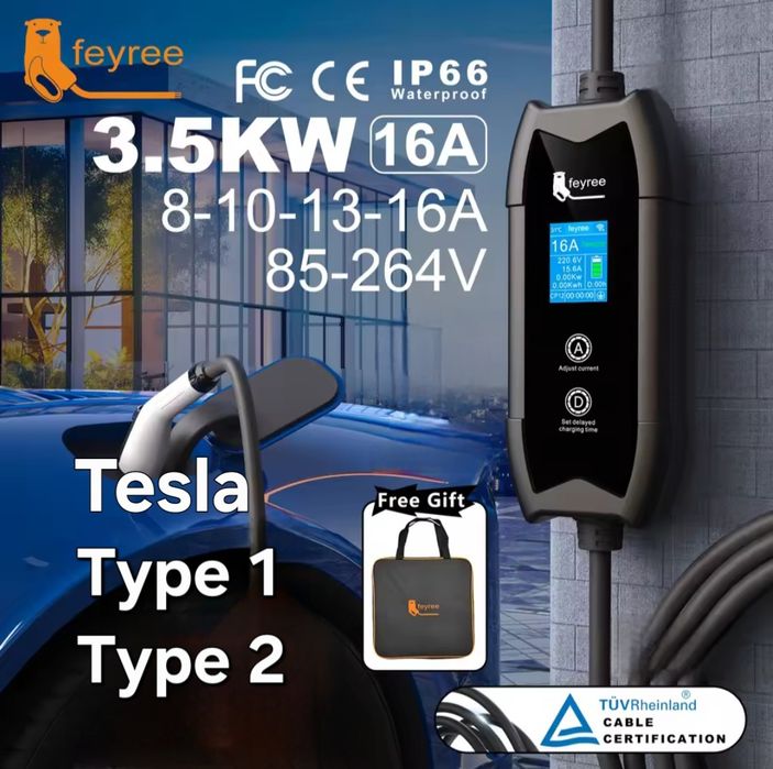 Feyree Зарядне Зарядка для електромобіля Type 1 Type 2 Tesla 16А 32A