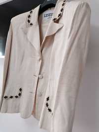 Conjunto casaco/blazer e saia curta, cor bege, com bordado, tS