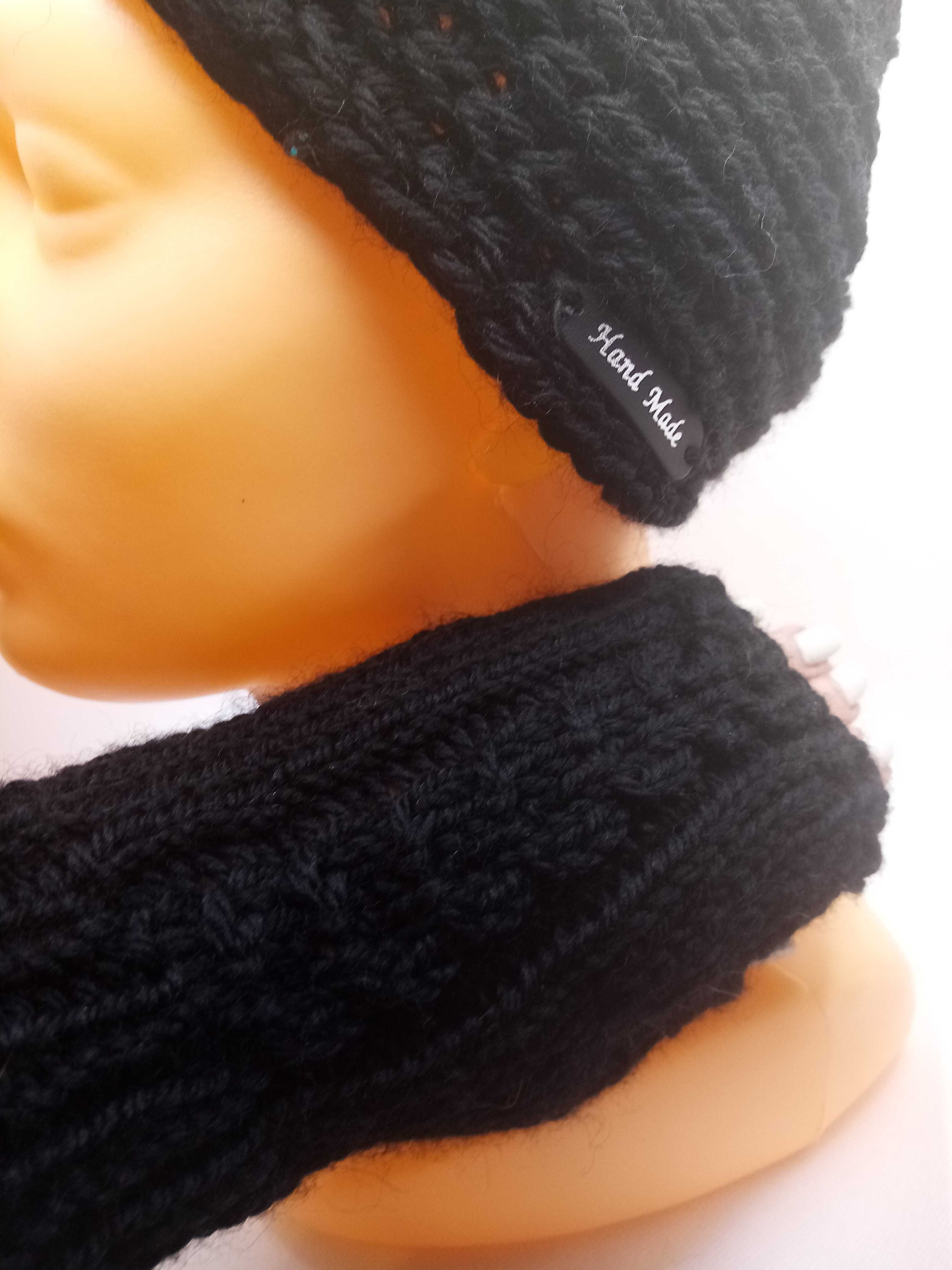 Damska, czarna opaska-turban z ALPAKI; handmade