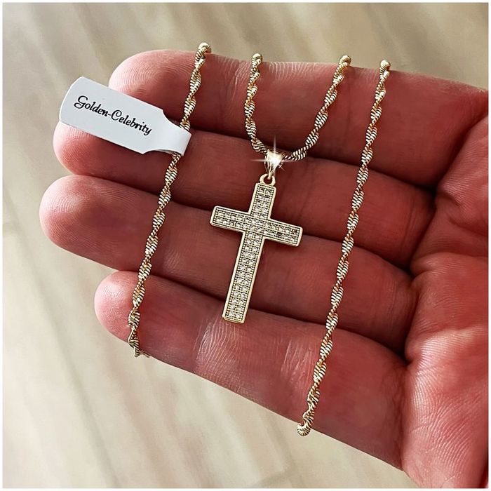 Złoty Łańcuszek Singapur + Krzyżyk Z Cyrkoniami Komunia Chrzest + Dedy