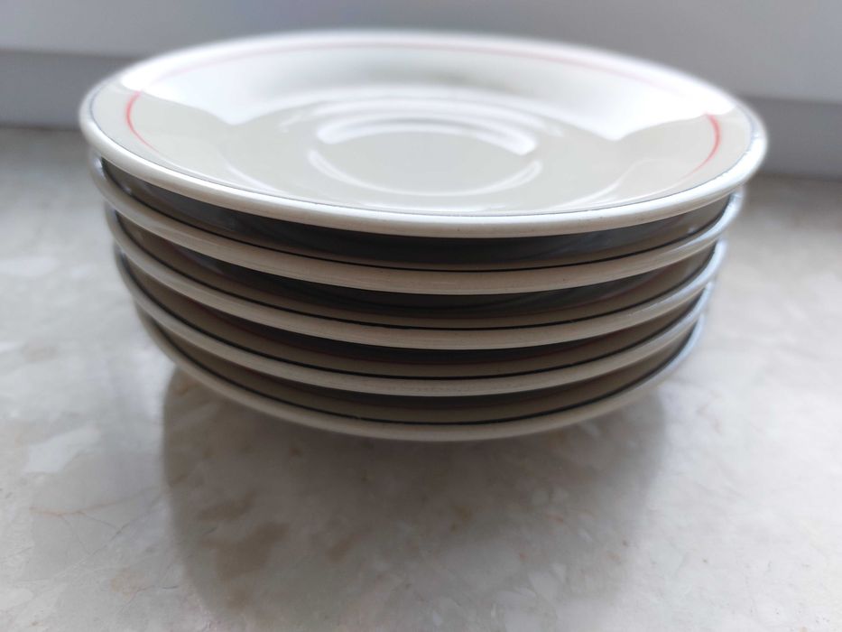 Spodki, spodeczki, talerzyki śr. 13.6, 5 szt., Tułowice, kamionka, PRL