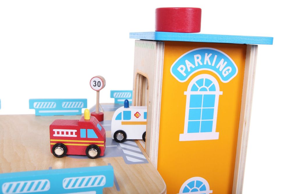 Drewniany garaż tor z windą + autka parking dla autek