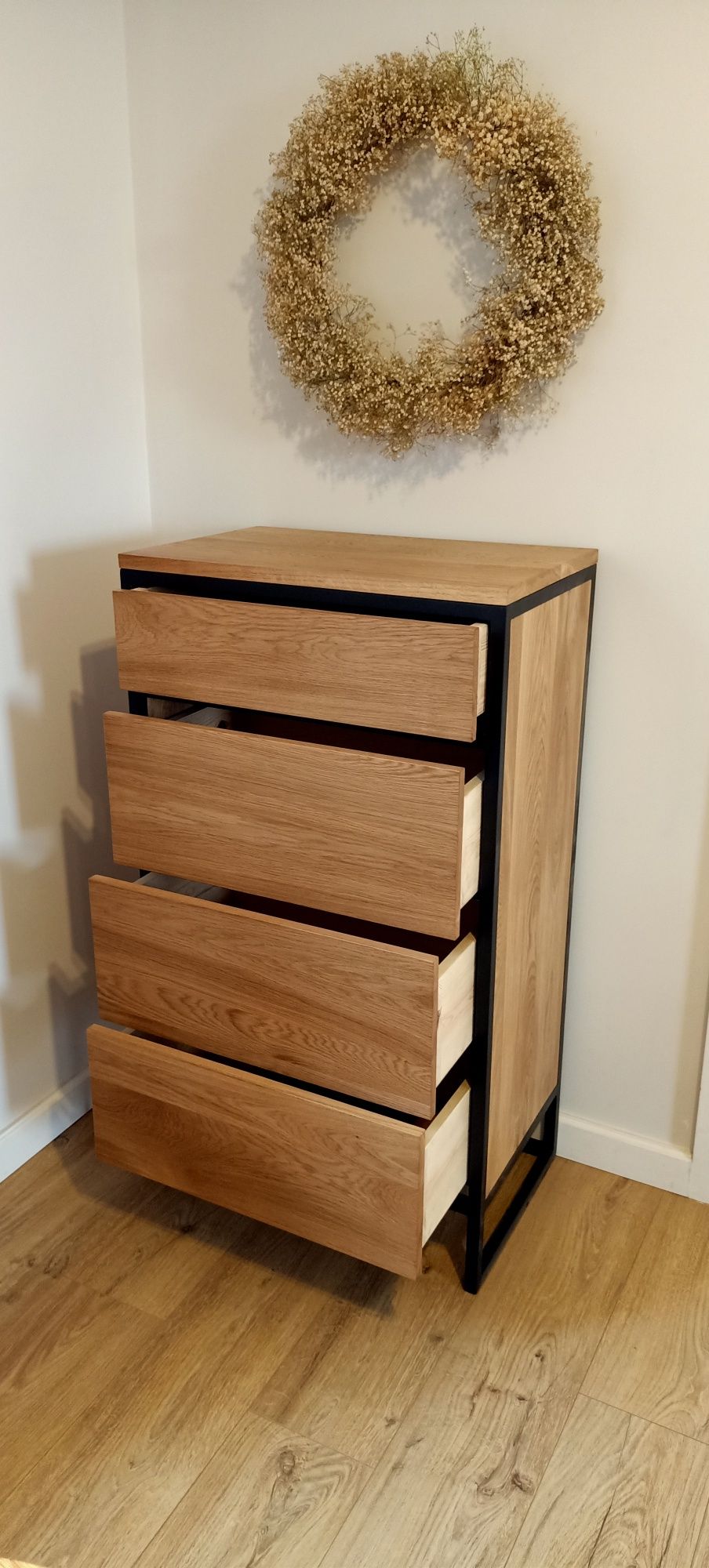Komoda dębowa loft, lite drewno dąb, konsola z szufladami/drzwiczkami