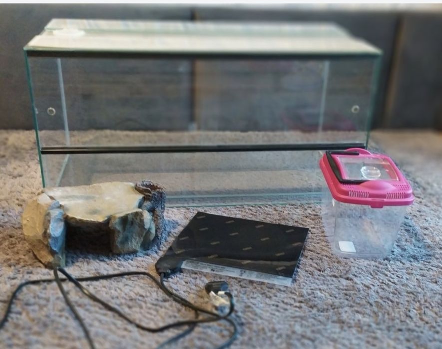 Terrarium szklane plusem dodatki mata transporter domek skałka