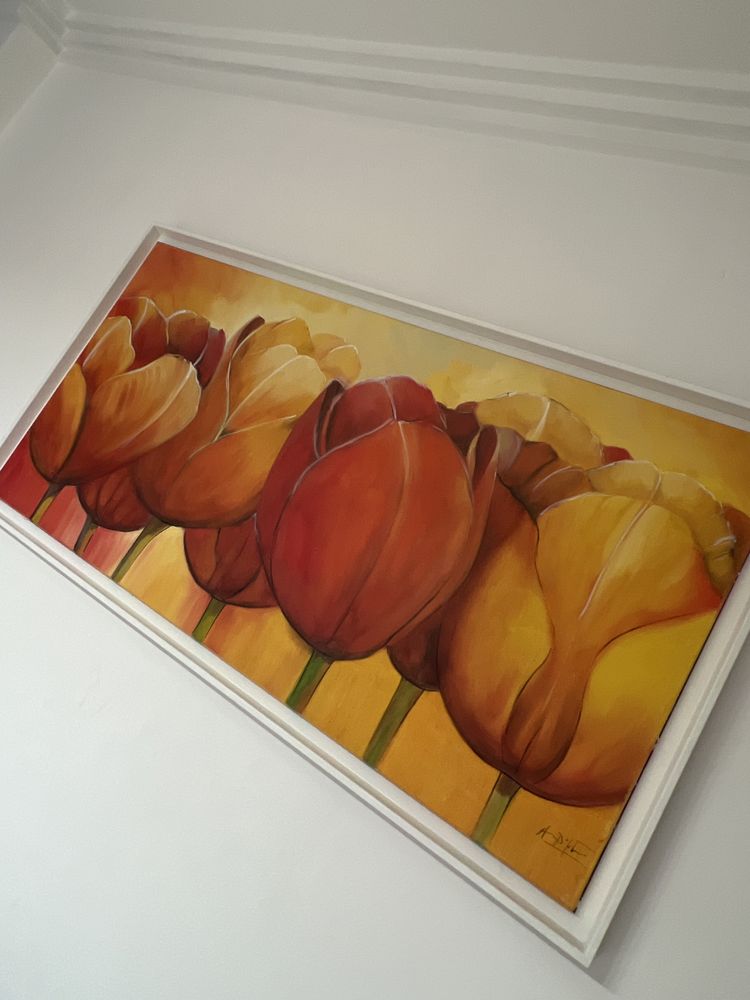 Tela pintada a oleo de tulipas