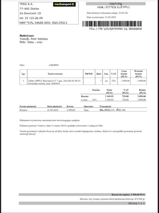 iPad mini 8,3” 7 gen. (A17Pro) 5 G Wi-Fi Cellular 256 GB