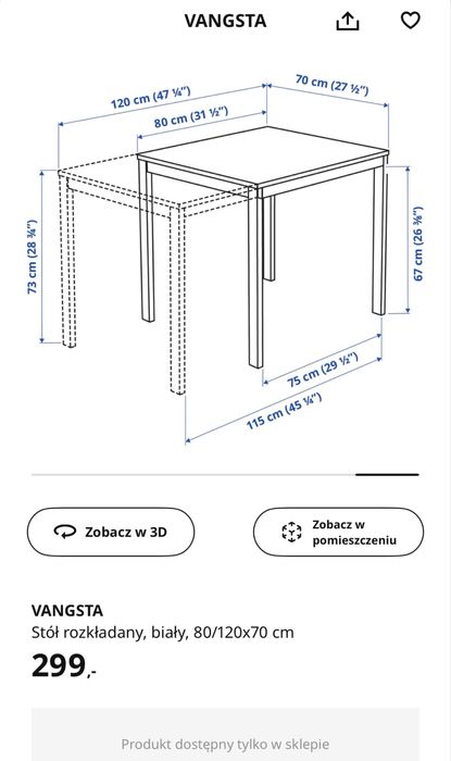 Vangsta ikea stół rozkładany 80/120cm x 70cm, stan niemal idealny