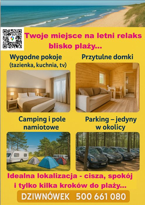 Pokoje z łazienkami, domki drewniane, camping i namioty blisko plaży