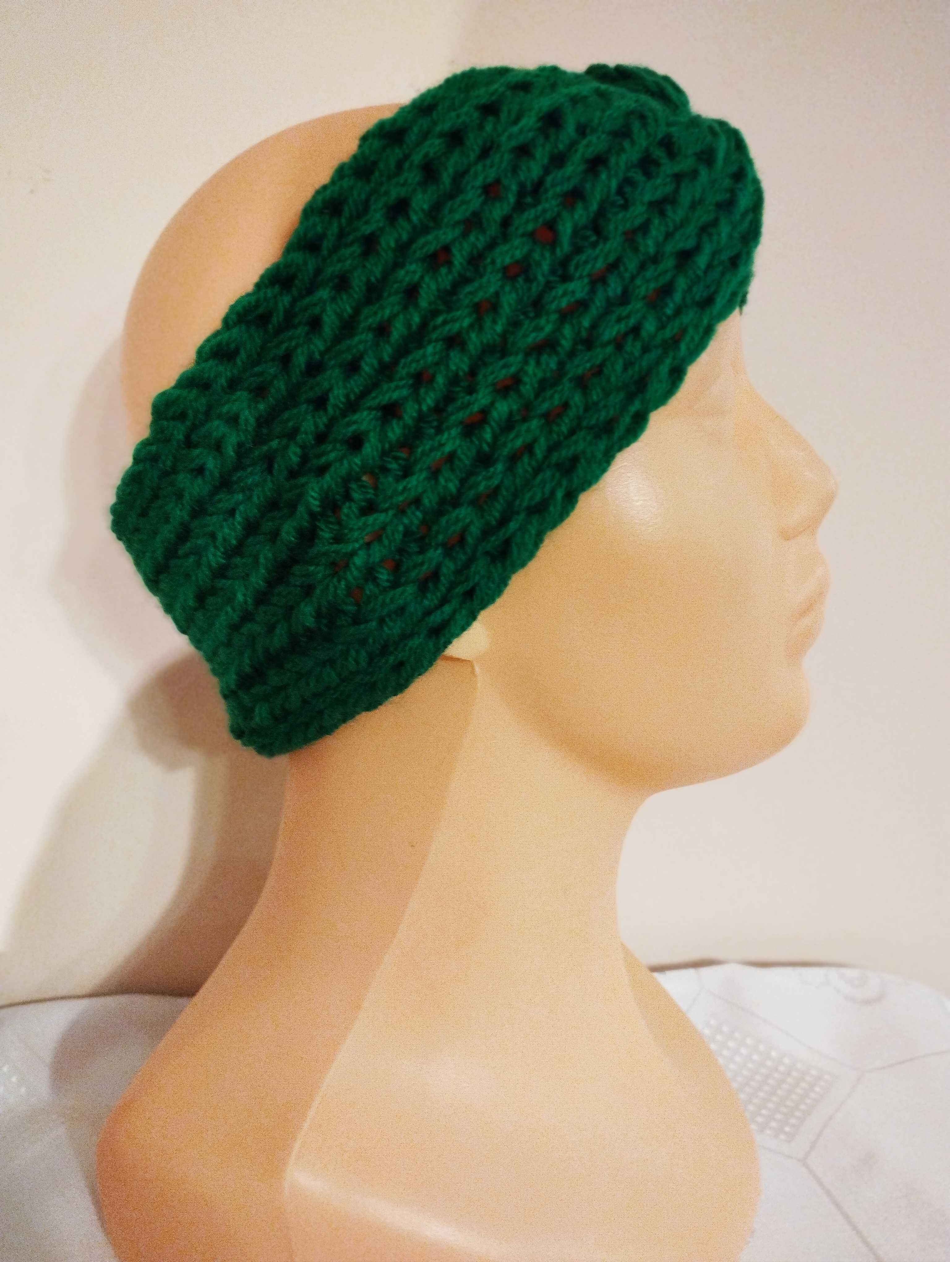 Damska, zielona, ciepła opaska; turban; handmade