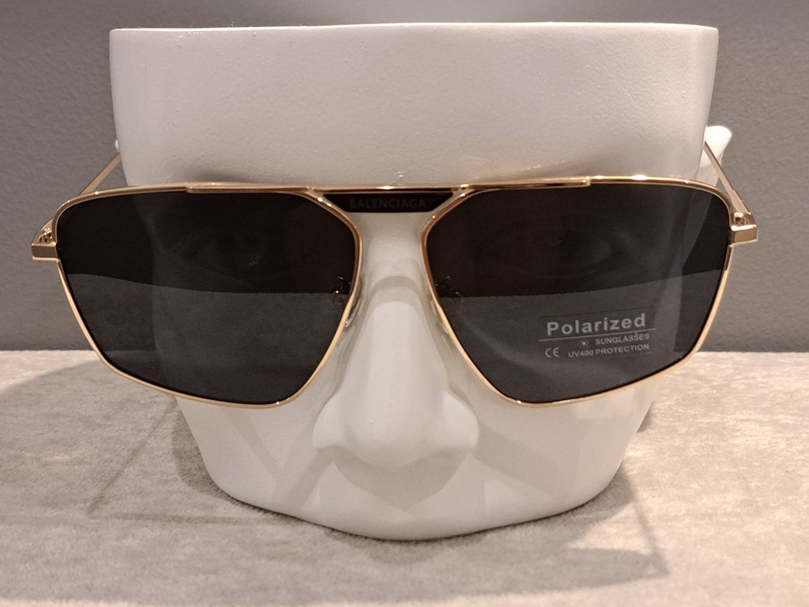 BALENCIAGA męskie złote nowe okulary przeciwsłoneczne logo polaryzacją
