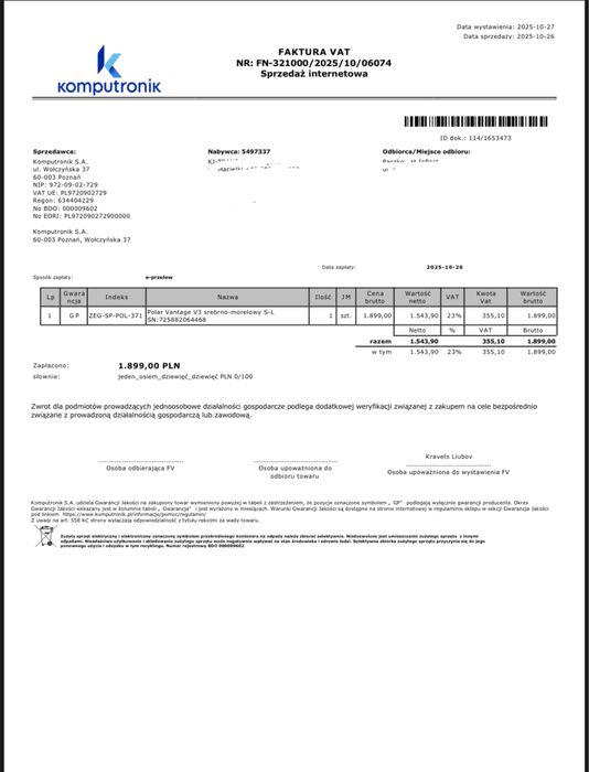 Polar Vantage V3  gwarancja nowy