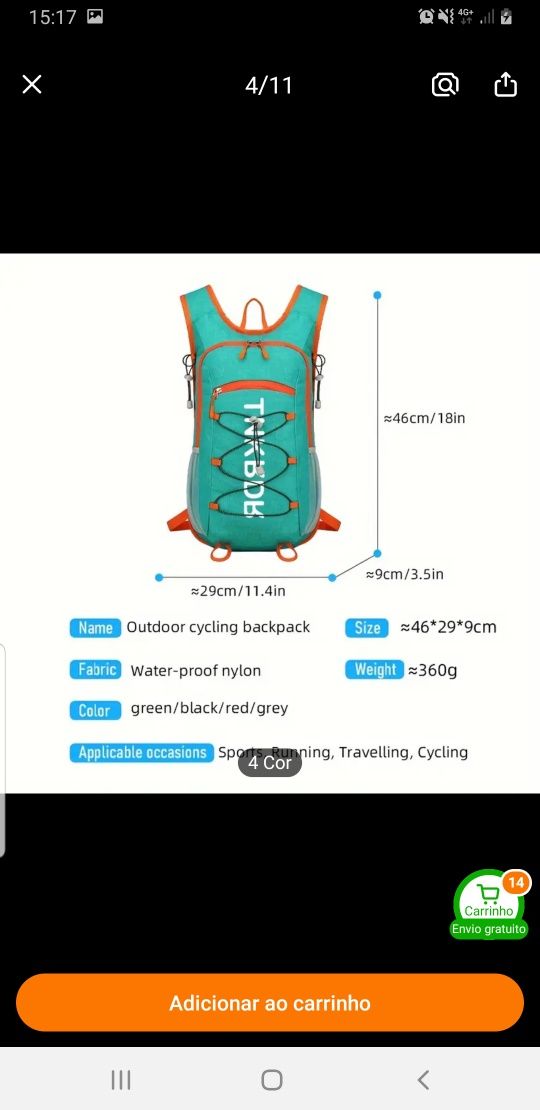 Mochila ergonômica para desporto, bicicleta,  caminhada,  etc.