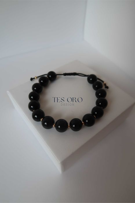 Czarna Sznurkowa Bransoletka ze Złotymi Kulkami | Próba Złota 585