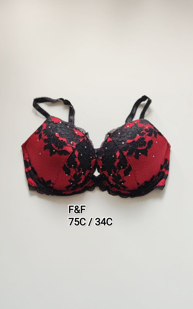 Biustonosz push up 75C / 34C F&F czarny czerwony połyskujący lekko dia