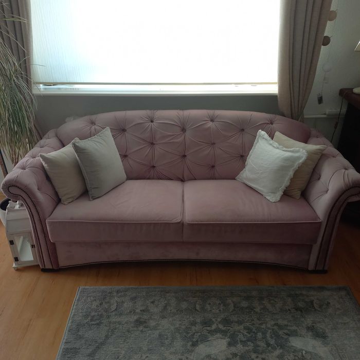 Przepiękna nowoczesna kanapa chesterfield, sofa 3 osobowa, pudrowy róż