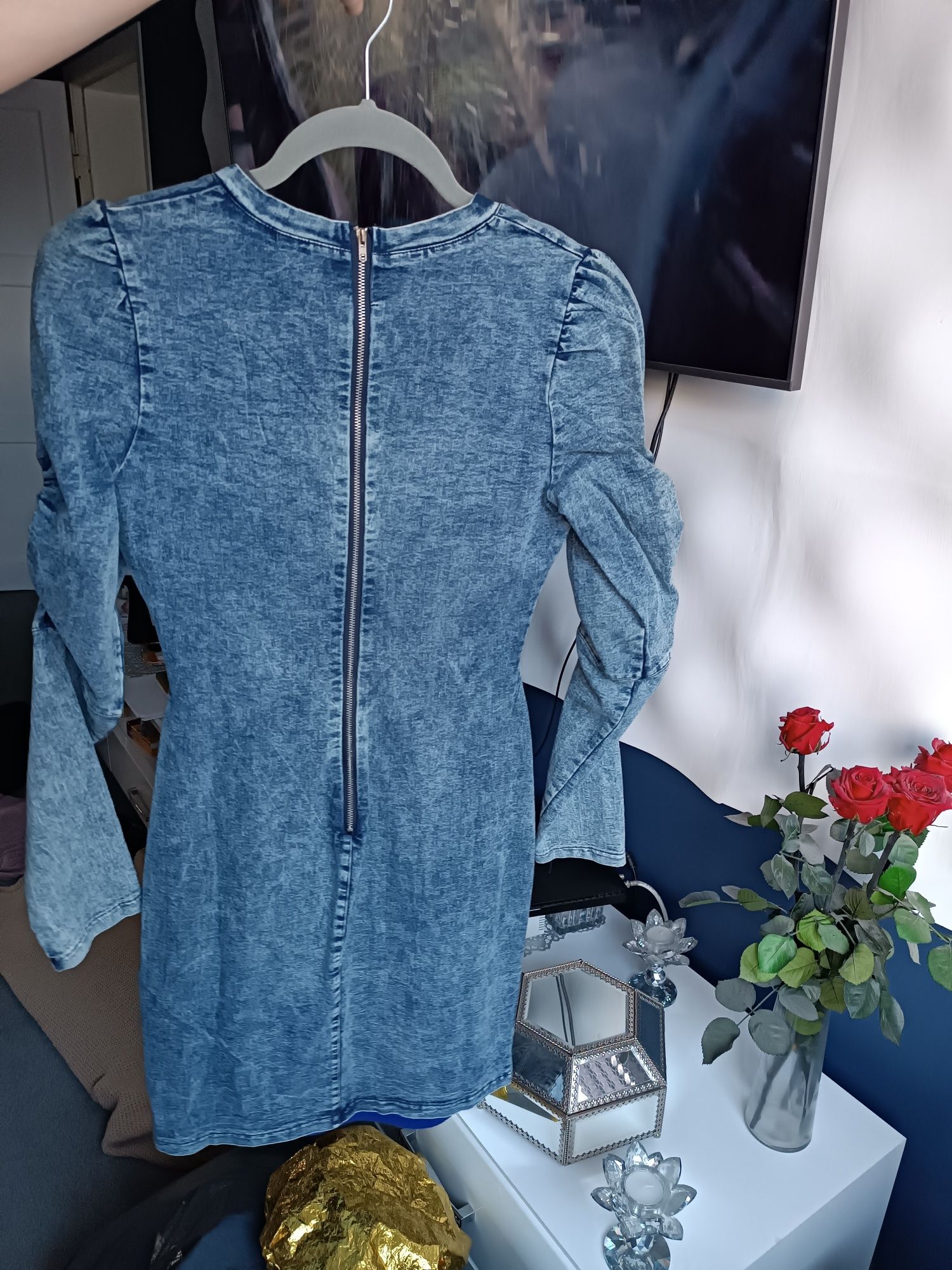 Sukienka jeansowa długi rękaw bufki S 36