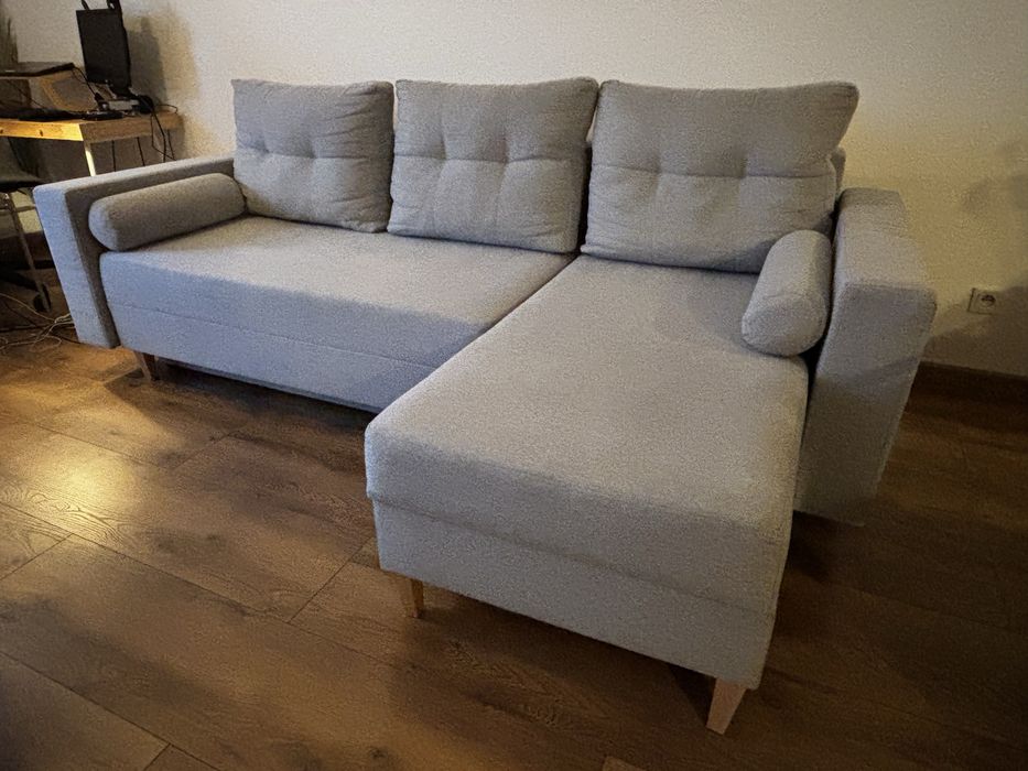 Kanapa sofa narożnik rozkładany z 2 pojemnikami, komplet z poduszkami