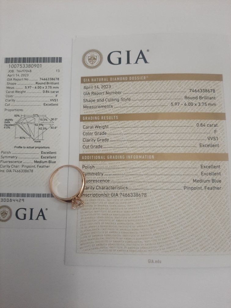 Золотое кольцо GIA бриллиант .