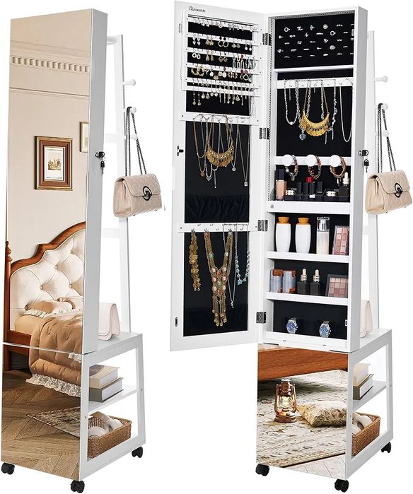 Szafka na biżuterię z dużym lustrem i półkami stojącą na kółkach