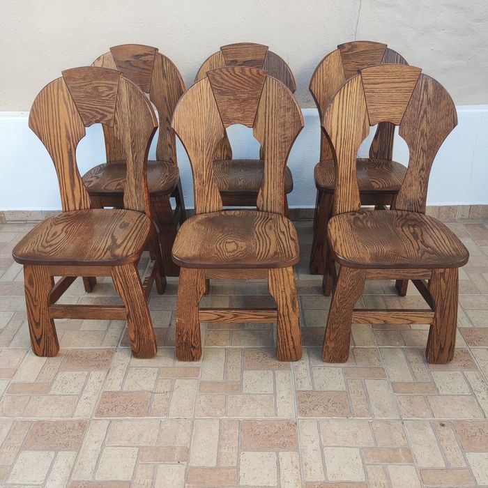 Conjunto de 6 cadeiras em madeira de carvalho - vintage, brutalistas