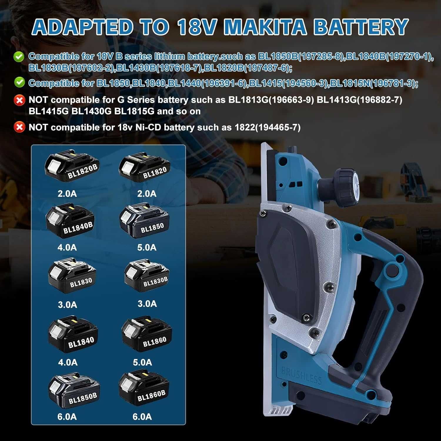 Рубанок акумуляторний  HEBERUCK для батареї Makita 18 В, 3200 об./хв.