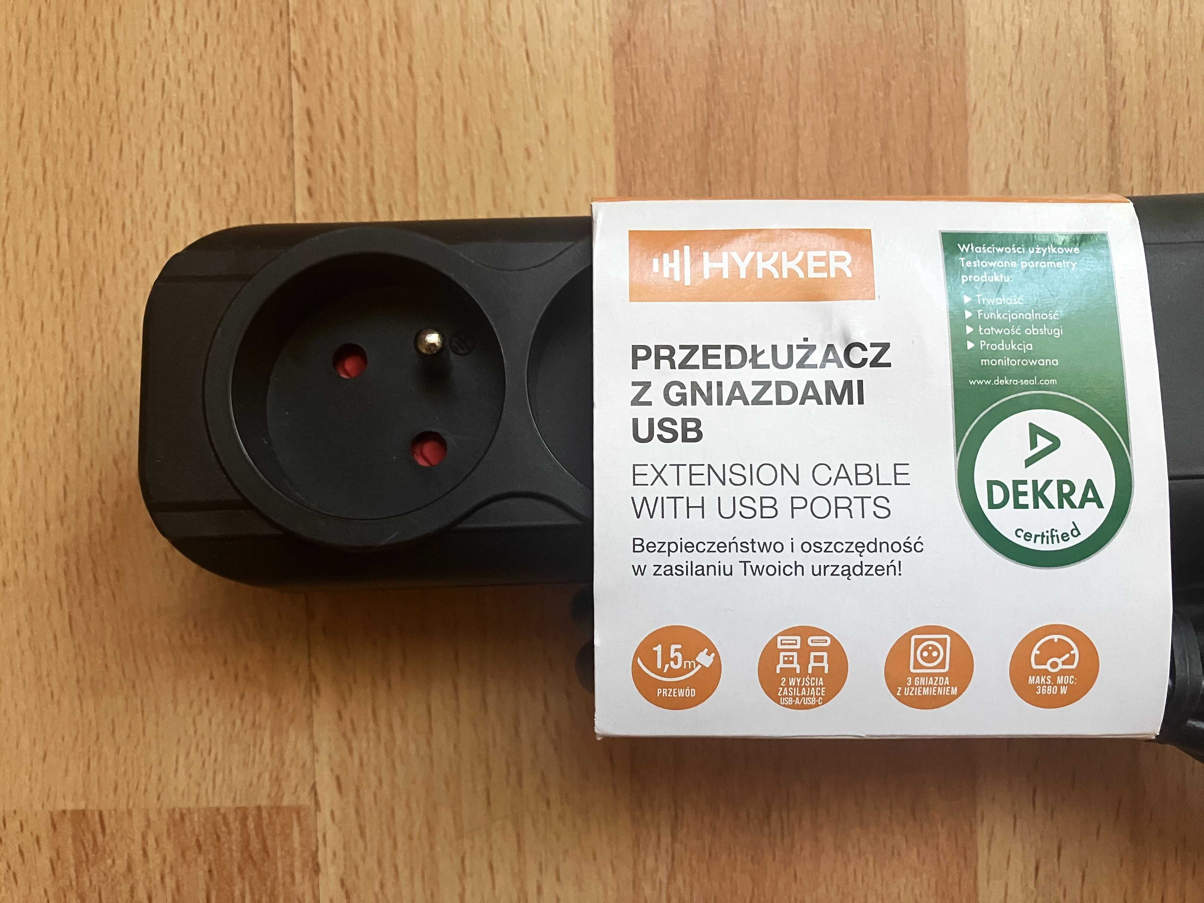 1x Przedłużacz elektryczny 1,5m z gniazdami USB A i C HYKKER listwa!