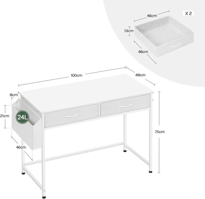 Nowoczesne Białe Biurko do Pracy Nauki Woltu 120x48x75 2 szuflady