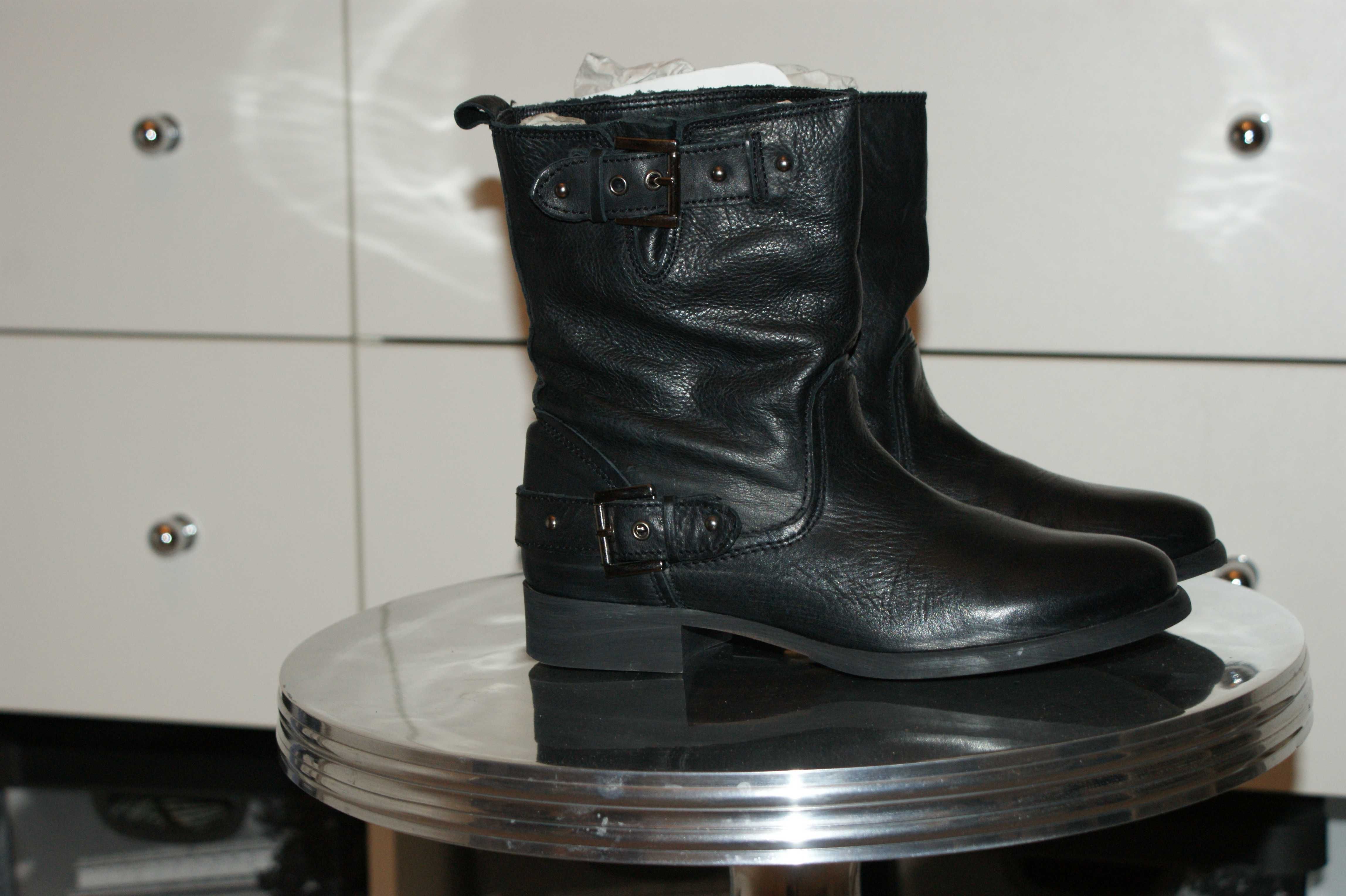 Kozaki biker czarne 36 botki boots Zara skóra naturalna półkozaki buty