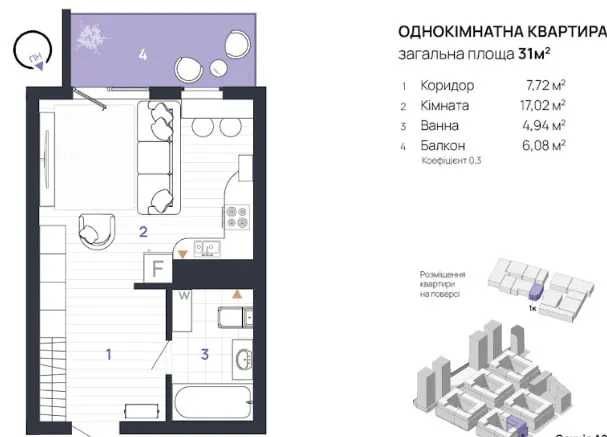 Продаж ГОТОВОЇ 1к квартири з балконом та басейном на даху!