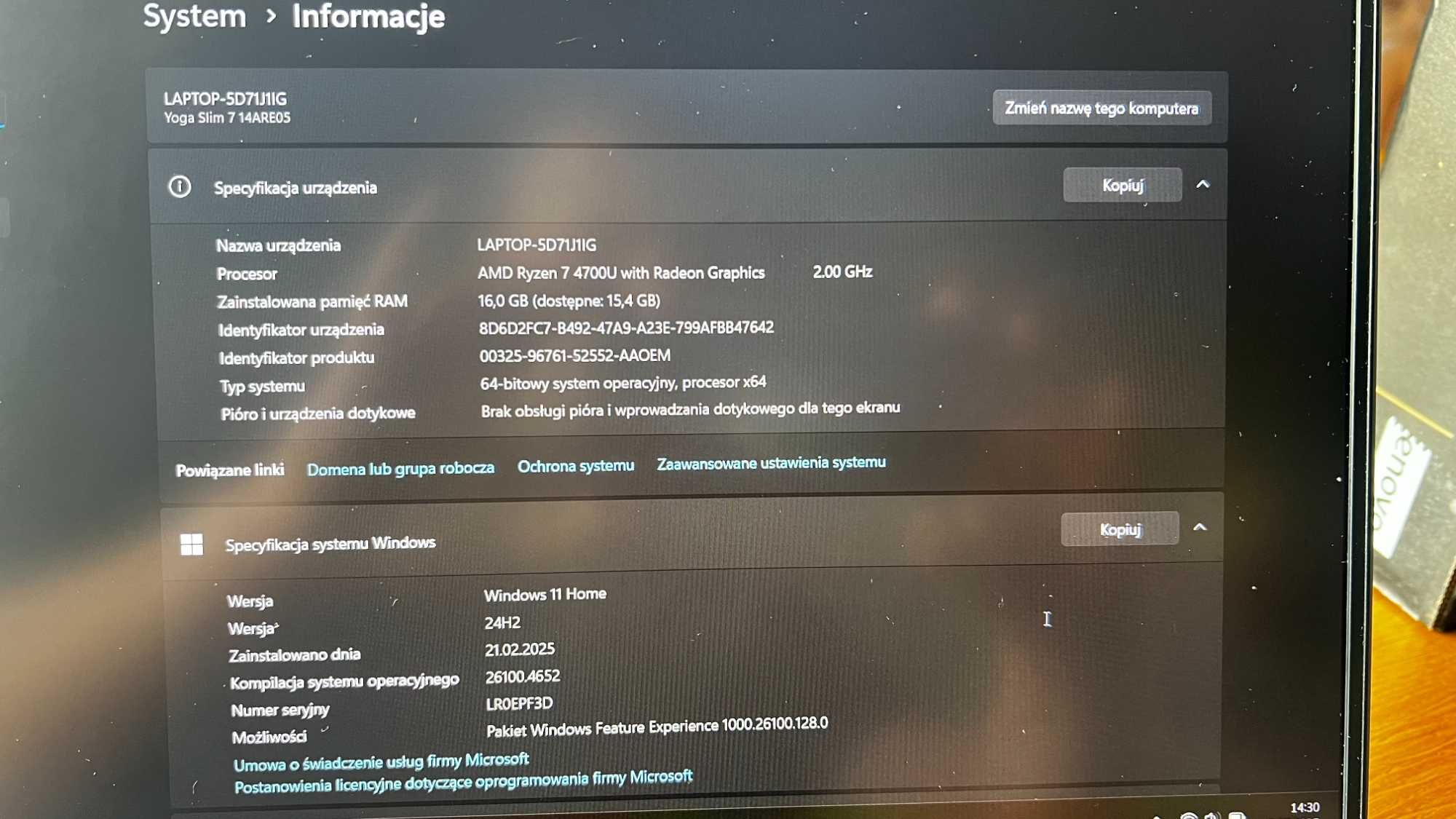 Lenovo Yoga 7 Slim 14cali Ryzen7 16G 512GB SSD Win11Home