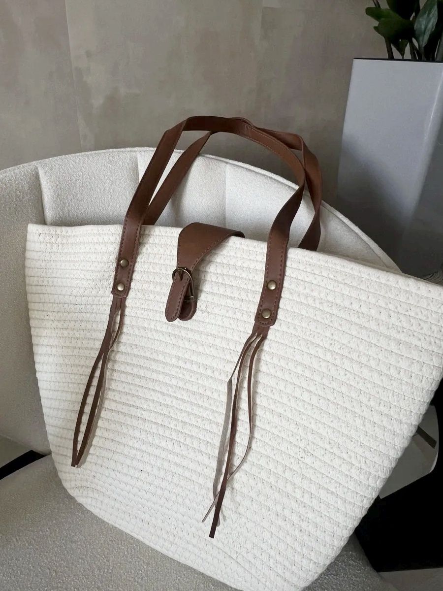Nowa duża torba koszyk elegancka pleciona z frędzlami kremowa Boho