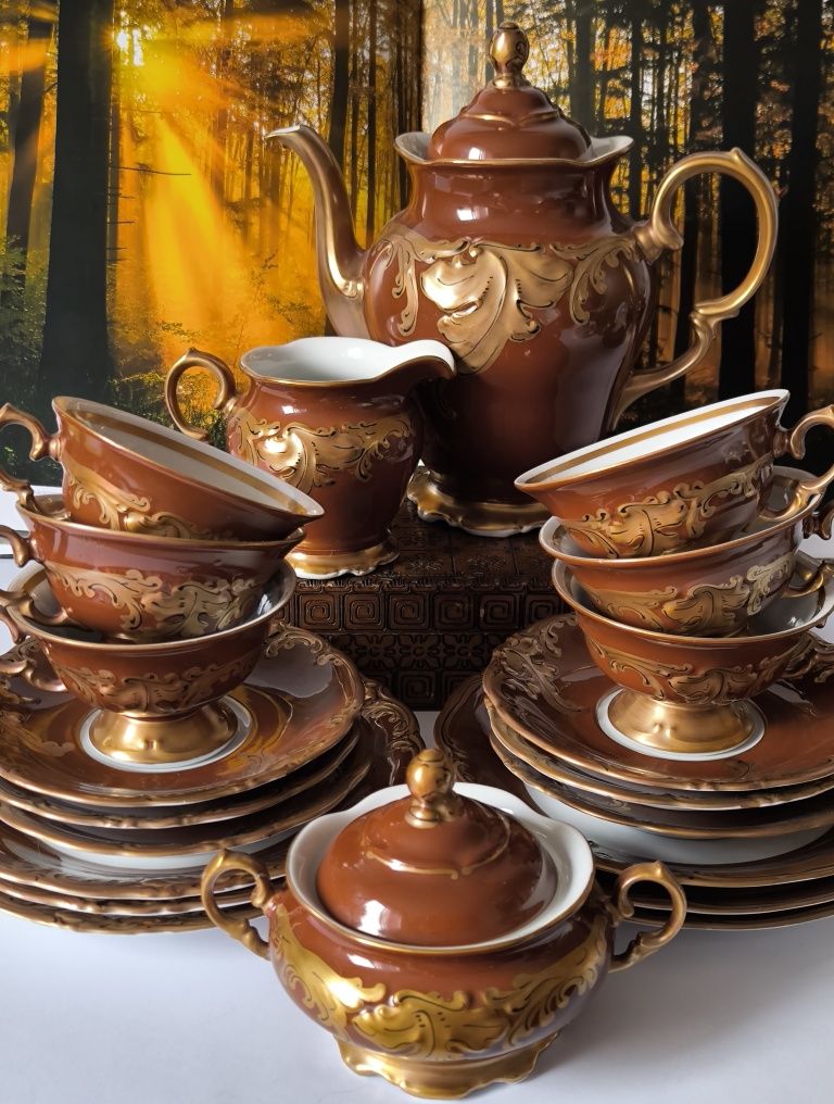 Serwis do kawy złoty liść Fryderyka Wawel piękna stara porcelana