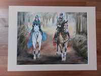 Obraz pastela akwarela 2 konie "Po treningu"